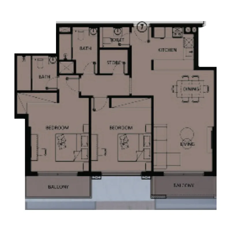 Lilium Tower 2 bed floor plan, 1,102 sqft