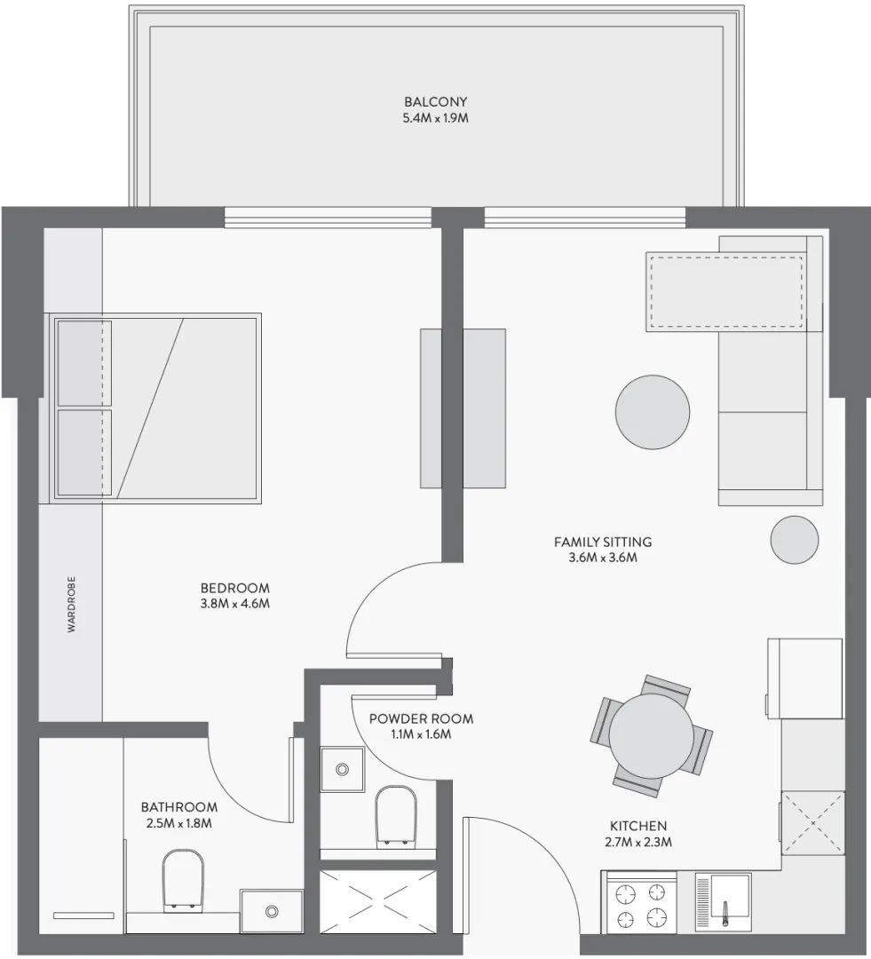 Equiti Gate 1 bed floor plan, 735 sqft