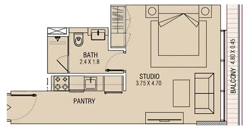 Brand Centro Studio floor plan, 396 – 397 sqft