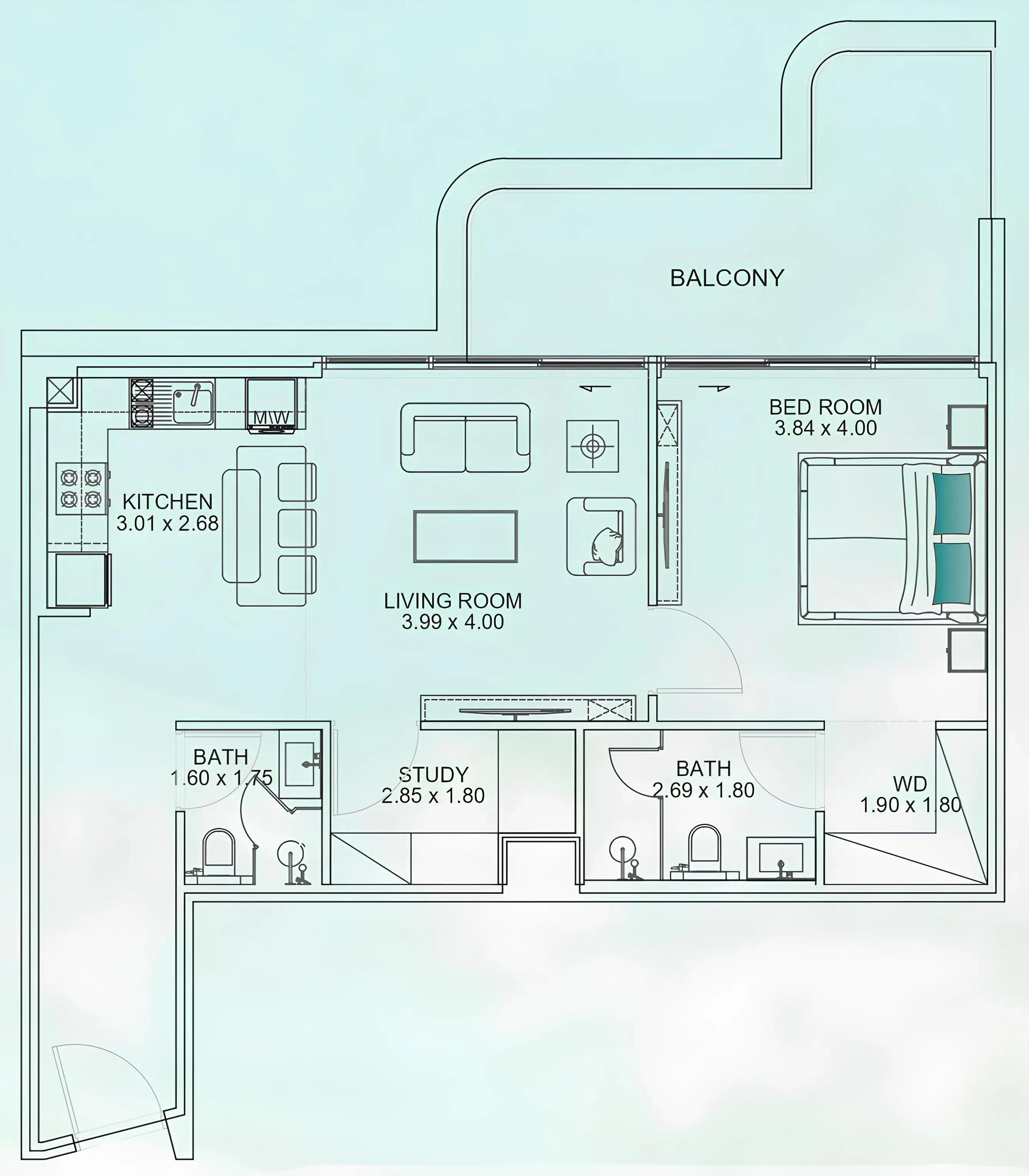 Floarea Breeze 1 bed floor plan, 958 sqft