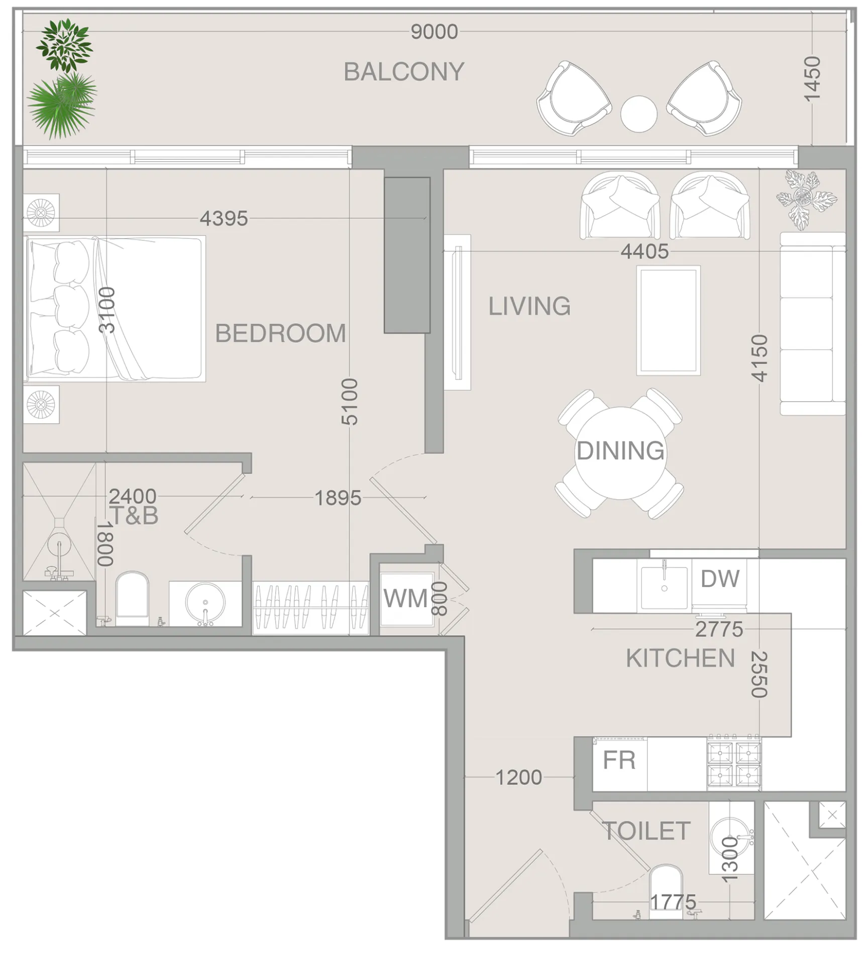 VERDAN1A 4 1 bed floor plan, 819 sqft