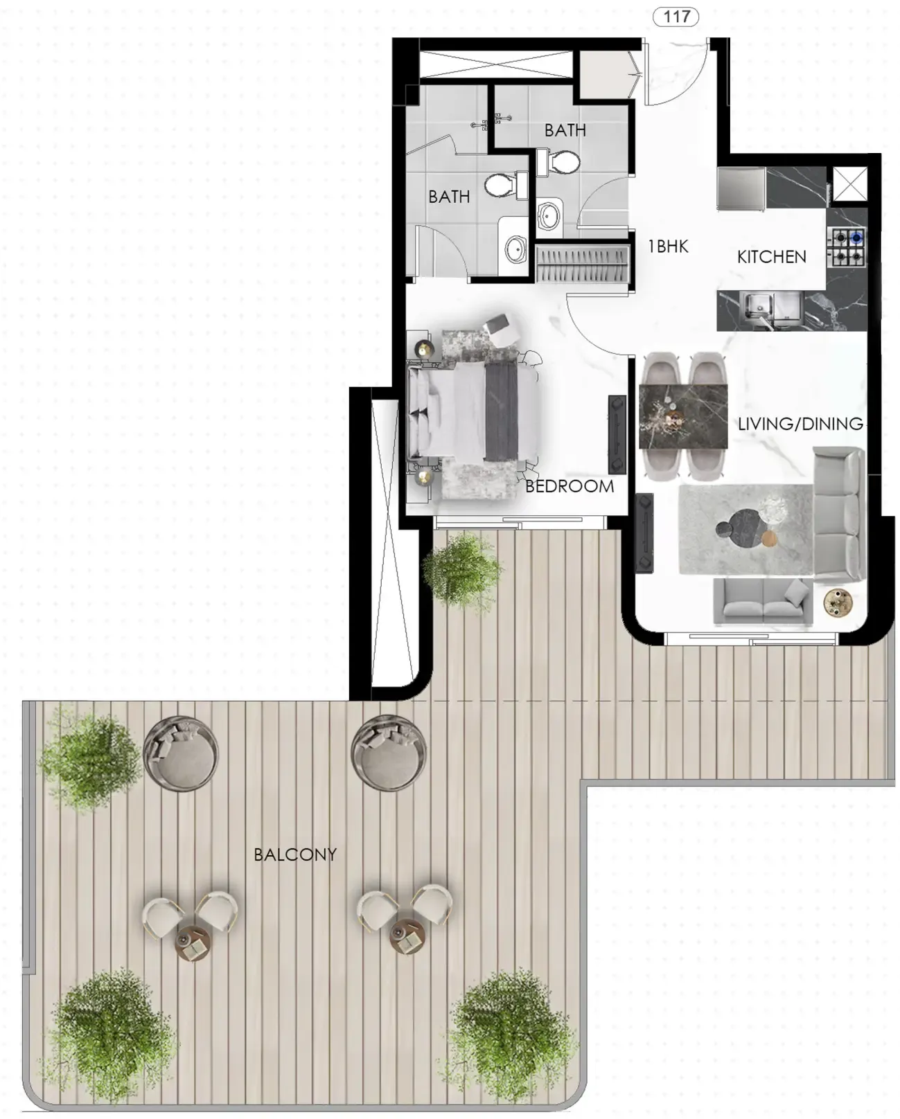 The Eighty Three 1 bed floor plan, 1,248 sqft