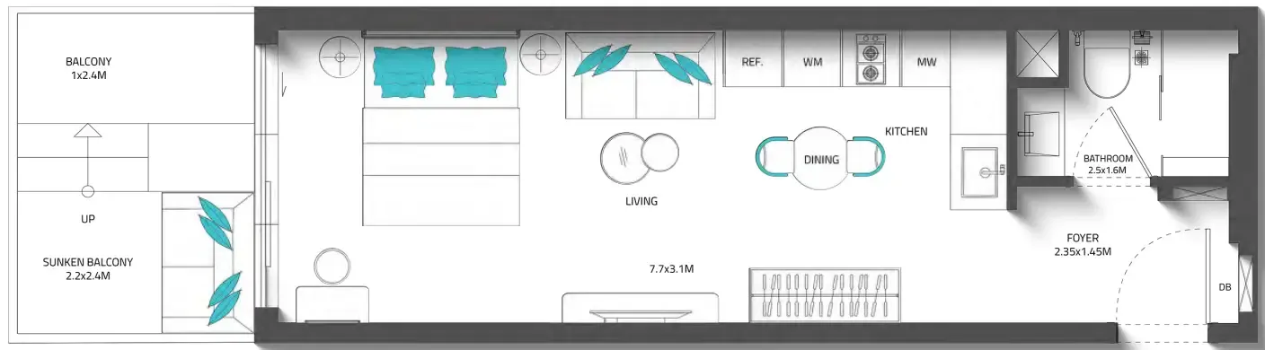 Reef 996 Studio floor plan, 453 sqft