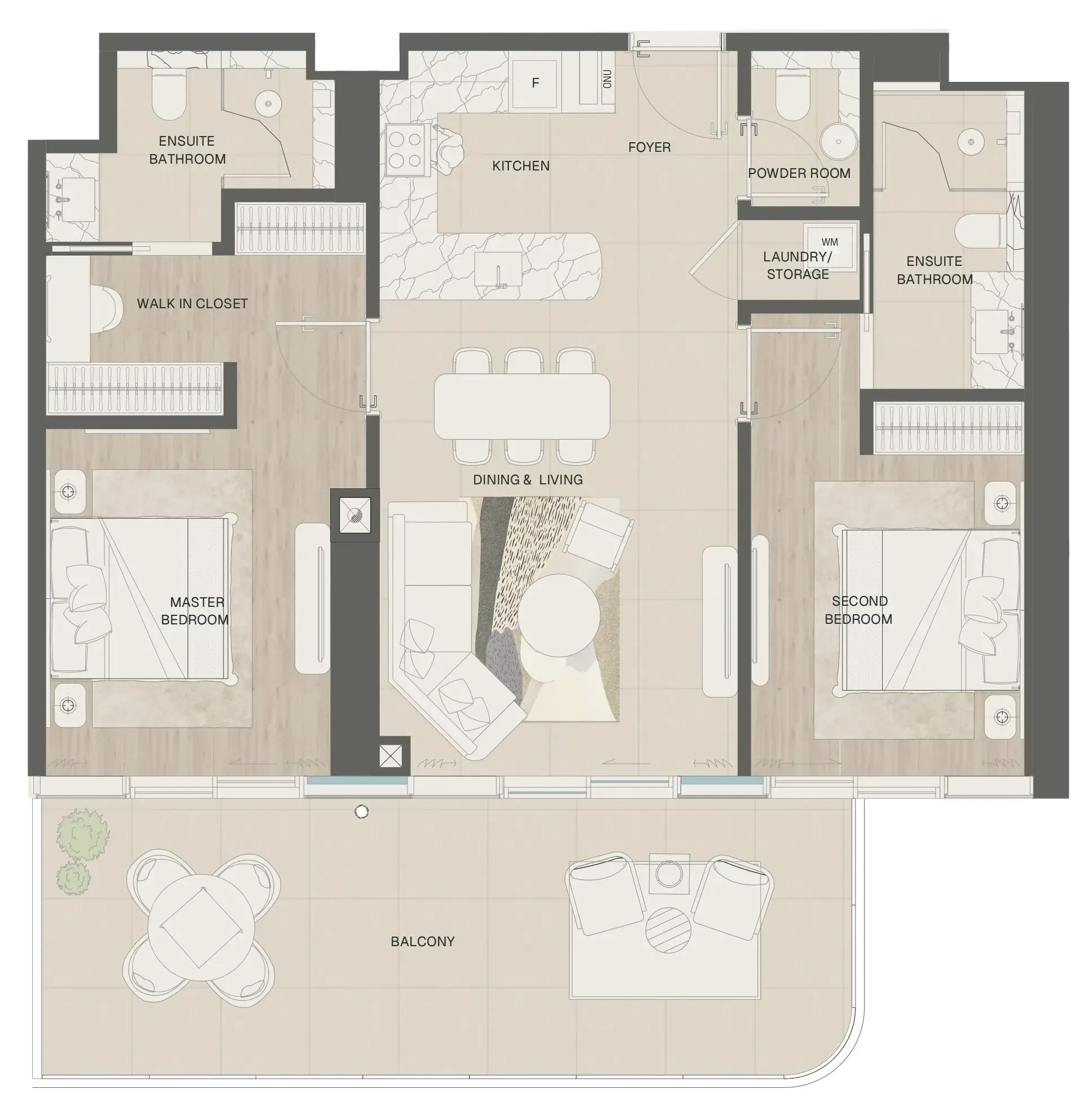 Mondrian Phases 1 and 2 2 bed floor plan, 1,271 sqft