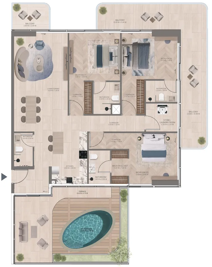 Meriden Beach Residences 3 bed floor plan, 2,503 sqft