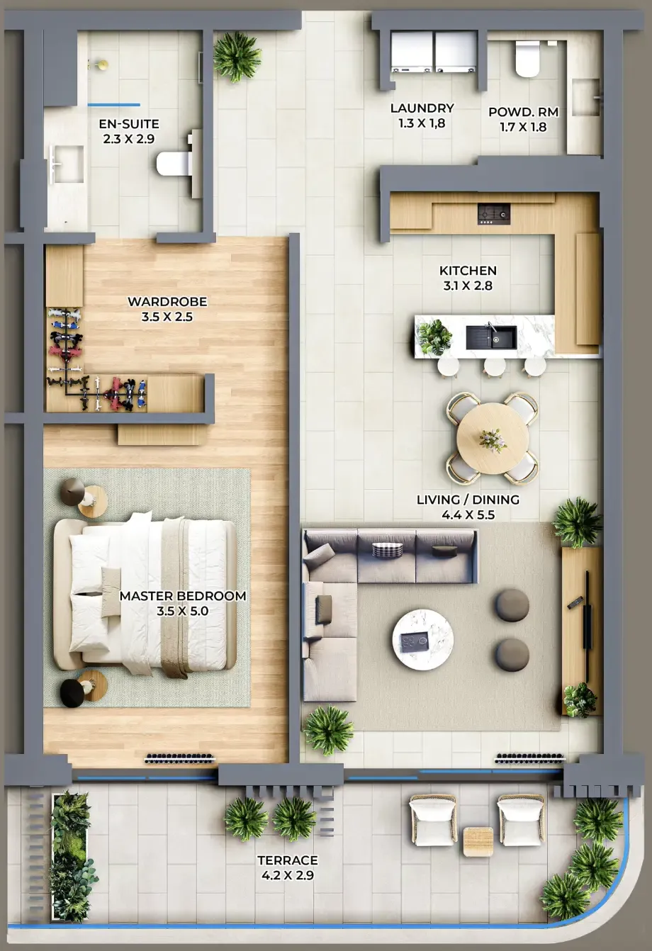 The Cape 1 bed floor plan, 1,236 sqft
