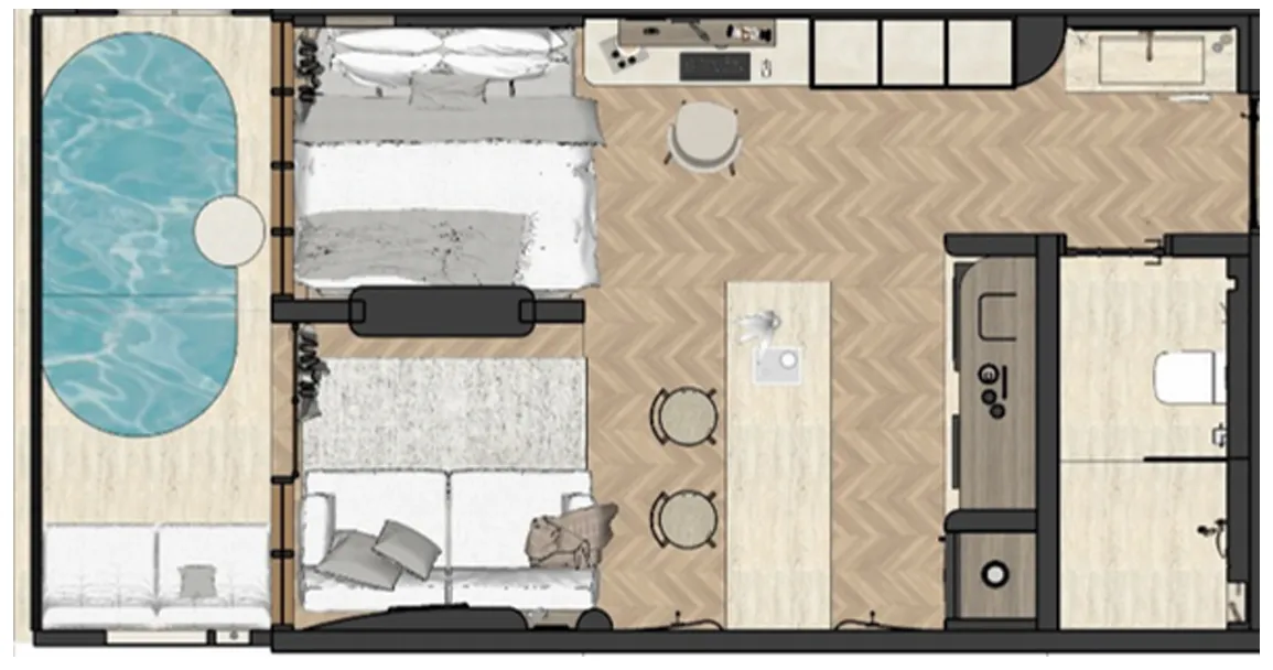 Azoria Living Suluban 1 bed floor plan, 431 sqft