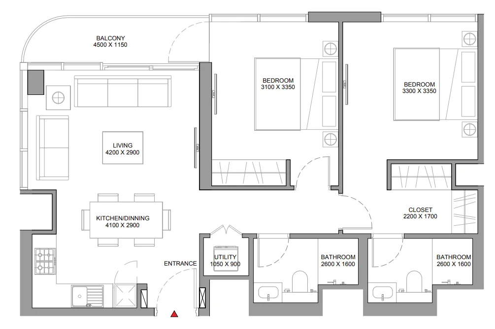 Florine Beach Residences 2 bed floor plan, 864 sqft
