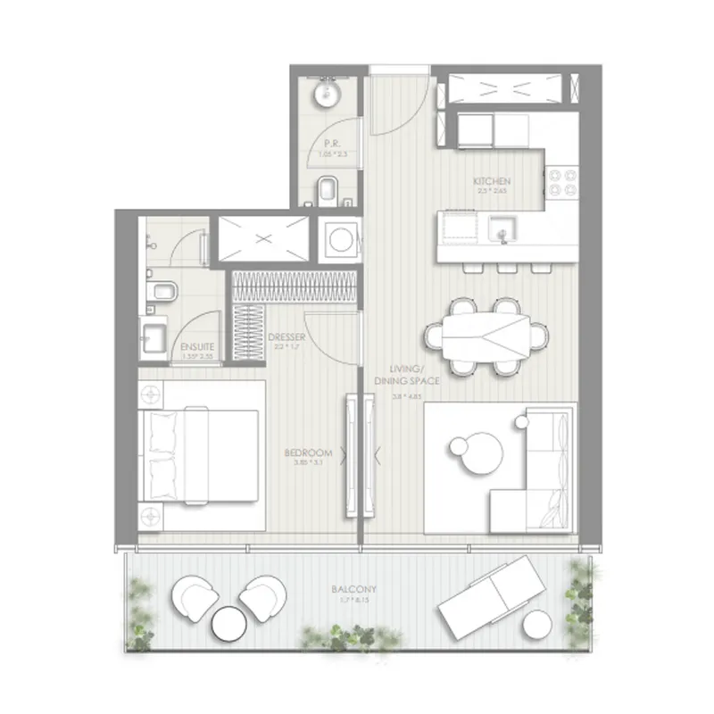 Sol Luxe 1 bed floor plan, 783 – 788 sqft
