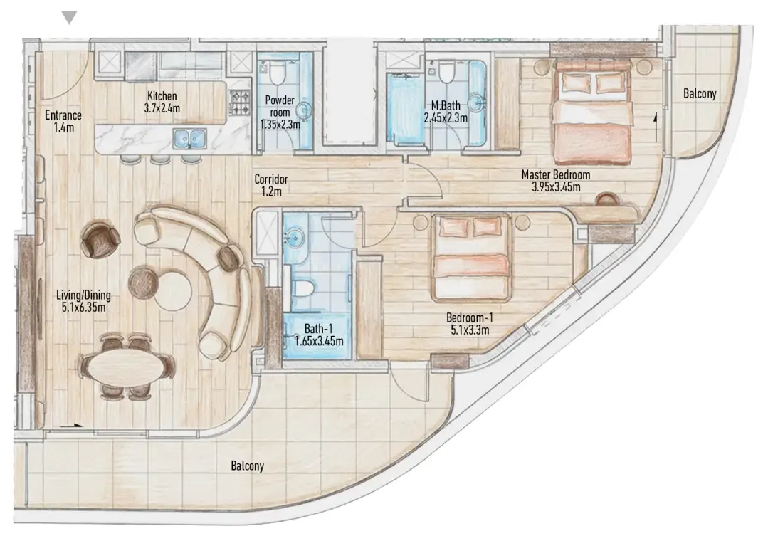 Flow 25 2 bed floor plan, 1,303 sqft