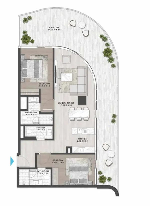 Damac Casa 2 bed floor plan, 1,598 – 1,600 sqft