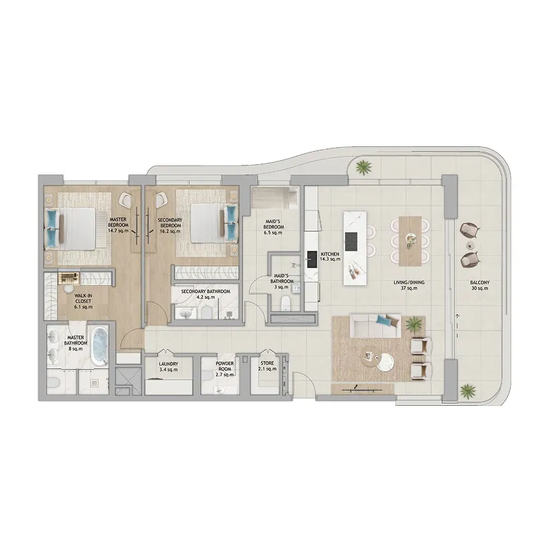 Fahid Beach Terraces 2 bed floor plan, 3,008 sqft