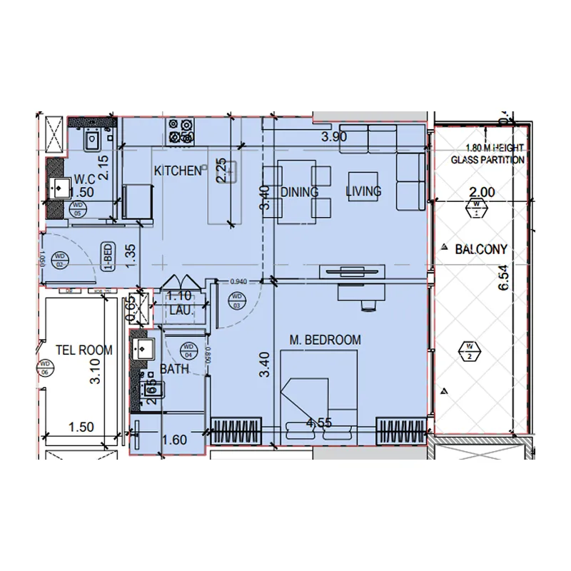 Binghatti Amberhall 1 bed floor plan, 710 sqft