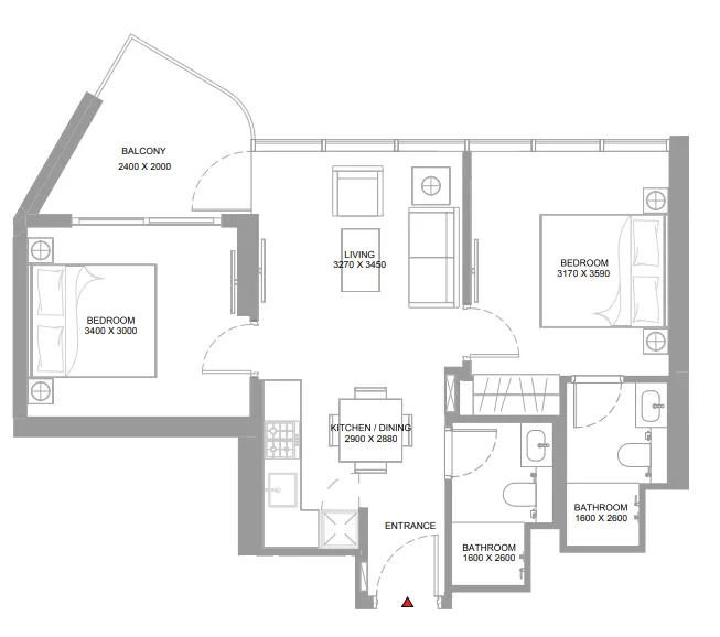 Pierside Marina Residences 2 bed floor plan, 718 sqft