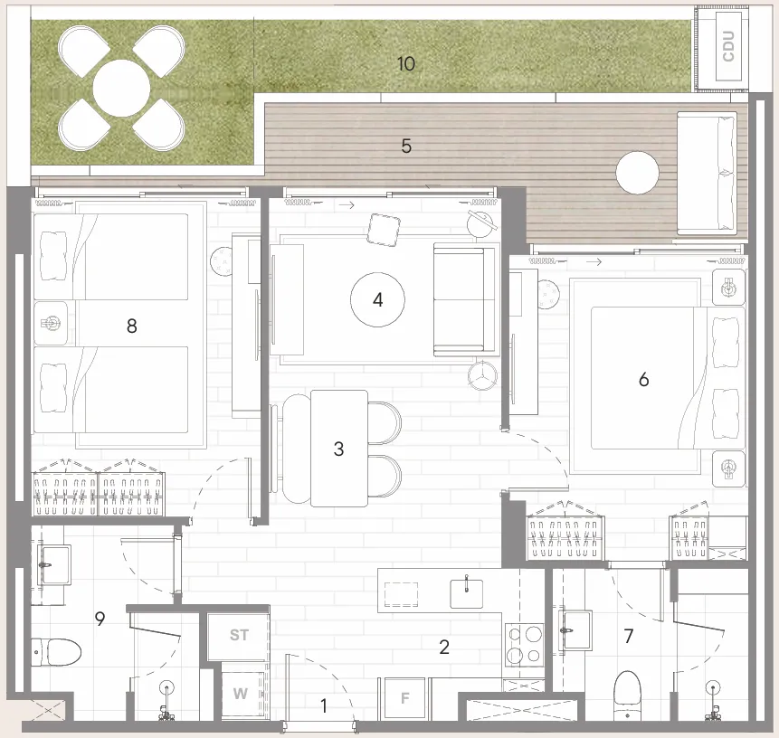 Sudara 2 bed floor plan, 1,055 sqft
