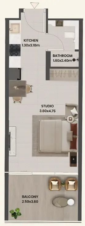 Divine Al Barari Studio floor plan, 436 sqft