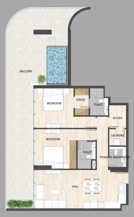 Barari Palace 2 bed floor plan, 1,636 sqft
