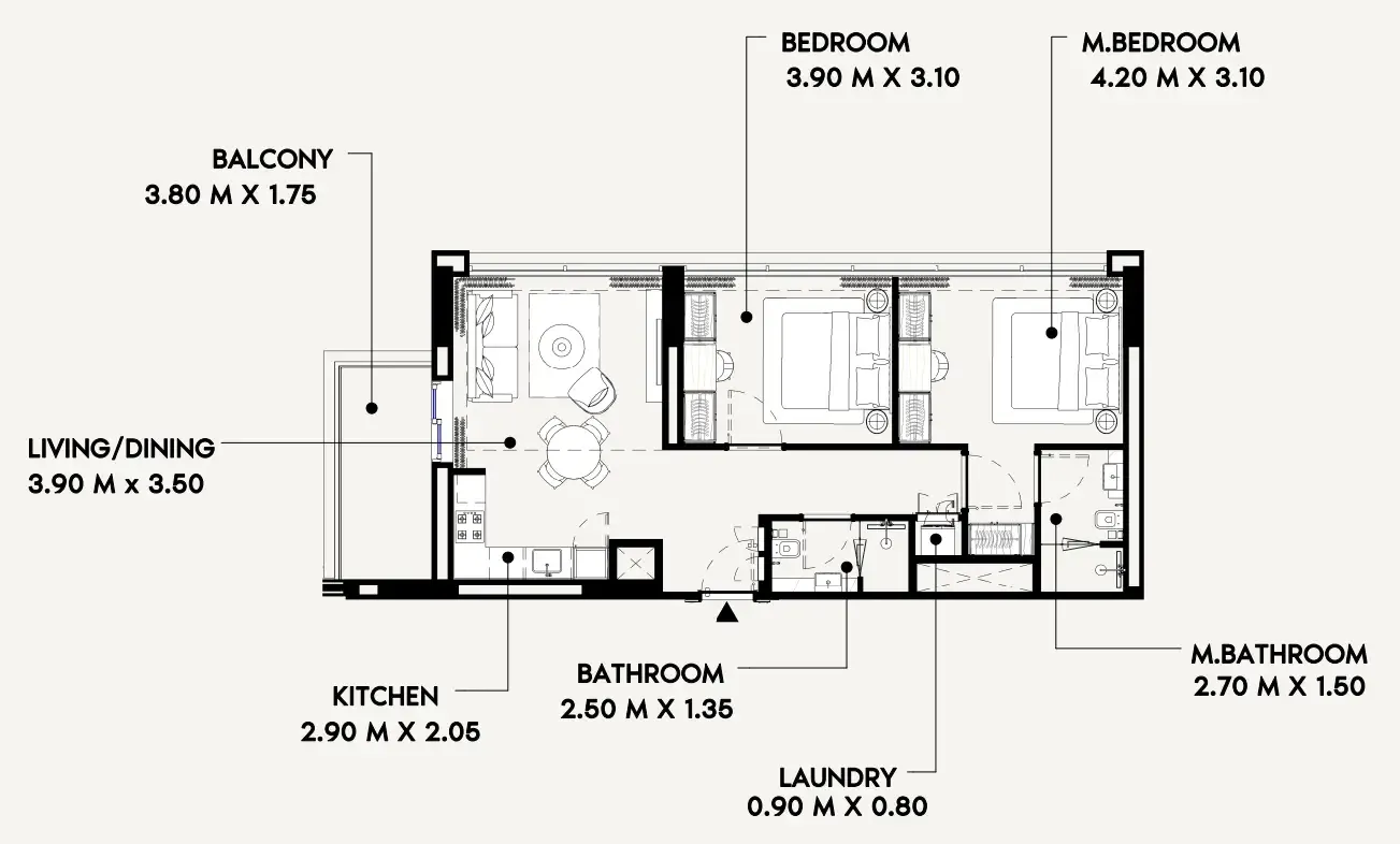 Azizi Lina 2 bed floor plan, 899 sqft