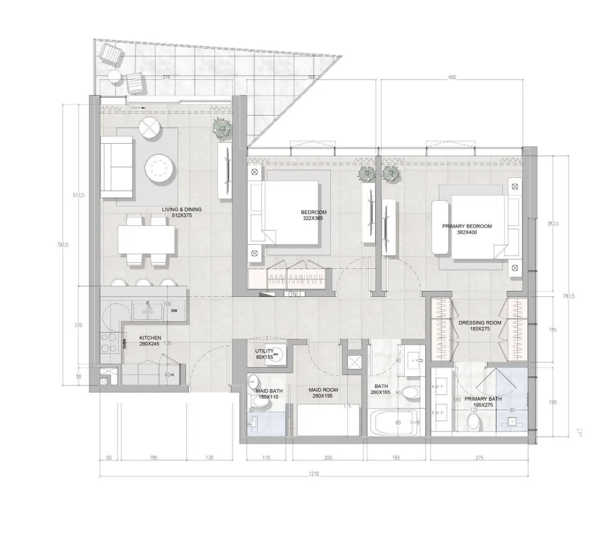 Solera Downtown Mina 2 bed floor plan, 1,194 sqft