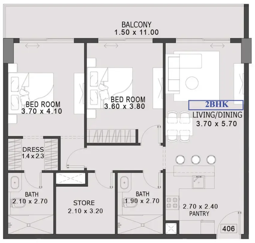 One By Preston 2 bed floor plan, 1,229 sqft