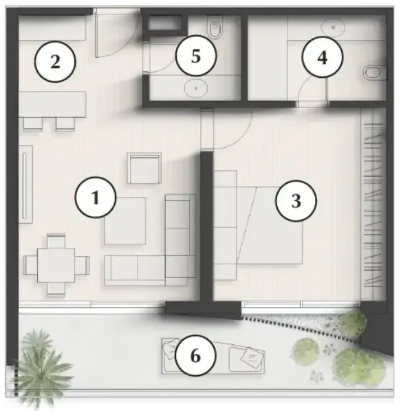 Lunaya Terraces 1 bed floor plan, 872 sqft