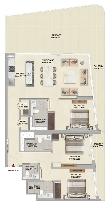 River Cove Residences at Sobha City 3 bed floor plan, 1,903 sqft