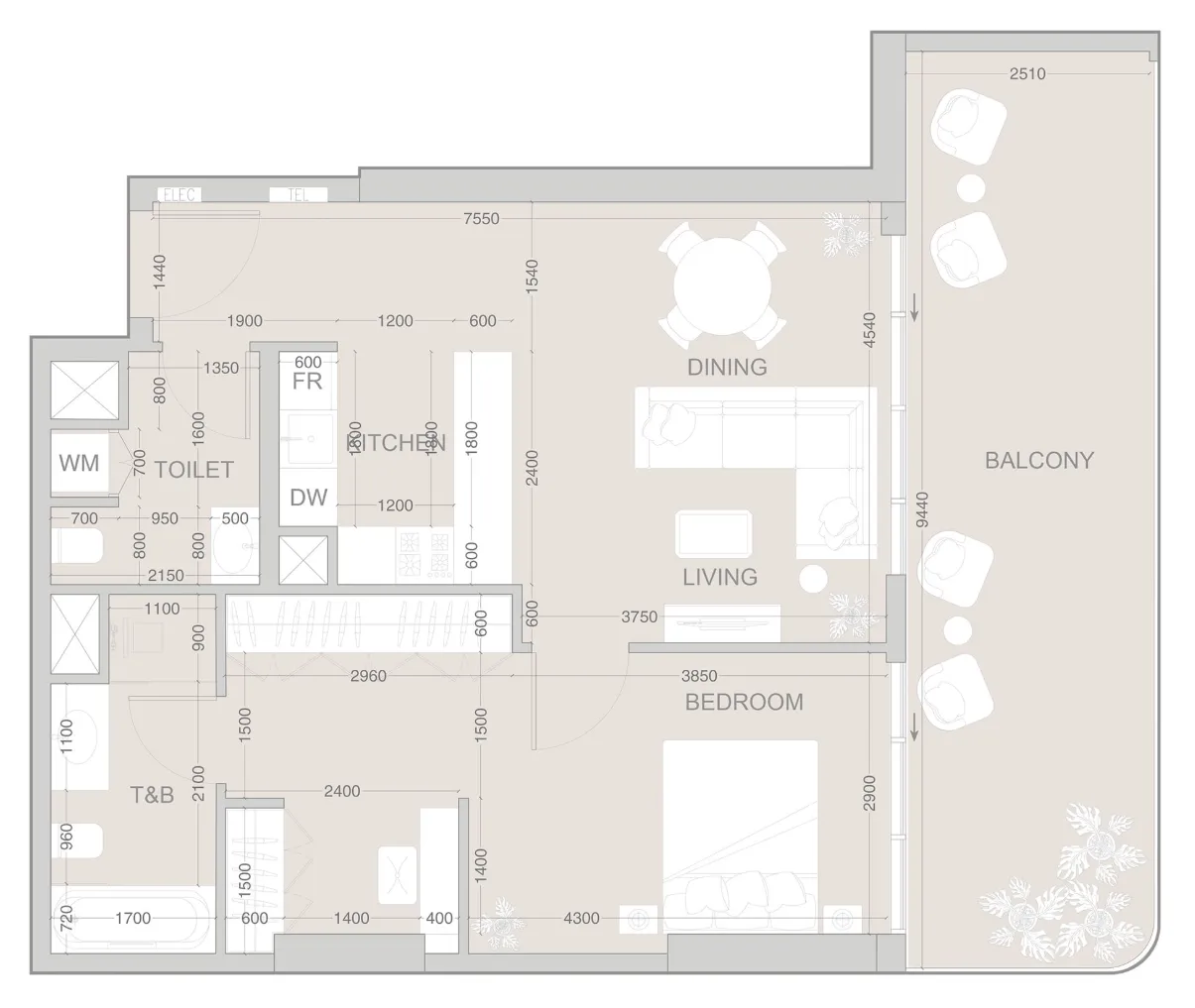 EVERGR1N House 1 bed floor plan, 991 sqft