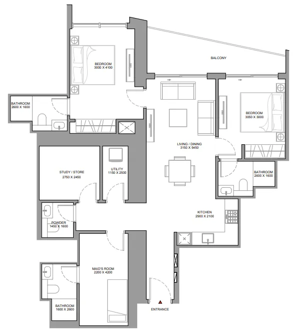 The Horizon at Sobha Central 2 bed floor plan, 1,346 sqft