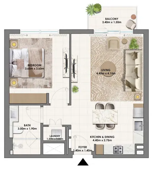 Parkwood Emaar 1 bed floor plan, 729 – 732 sqft