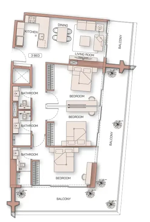 Binghatti Pinnacle 3 bed floor plan, 1,523 – 1,524 sqft