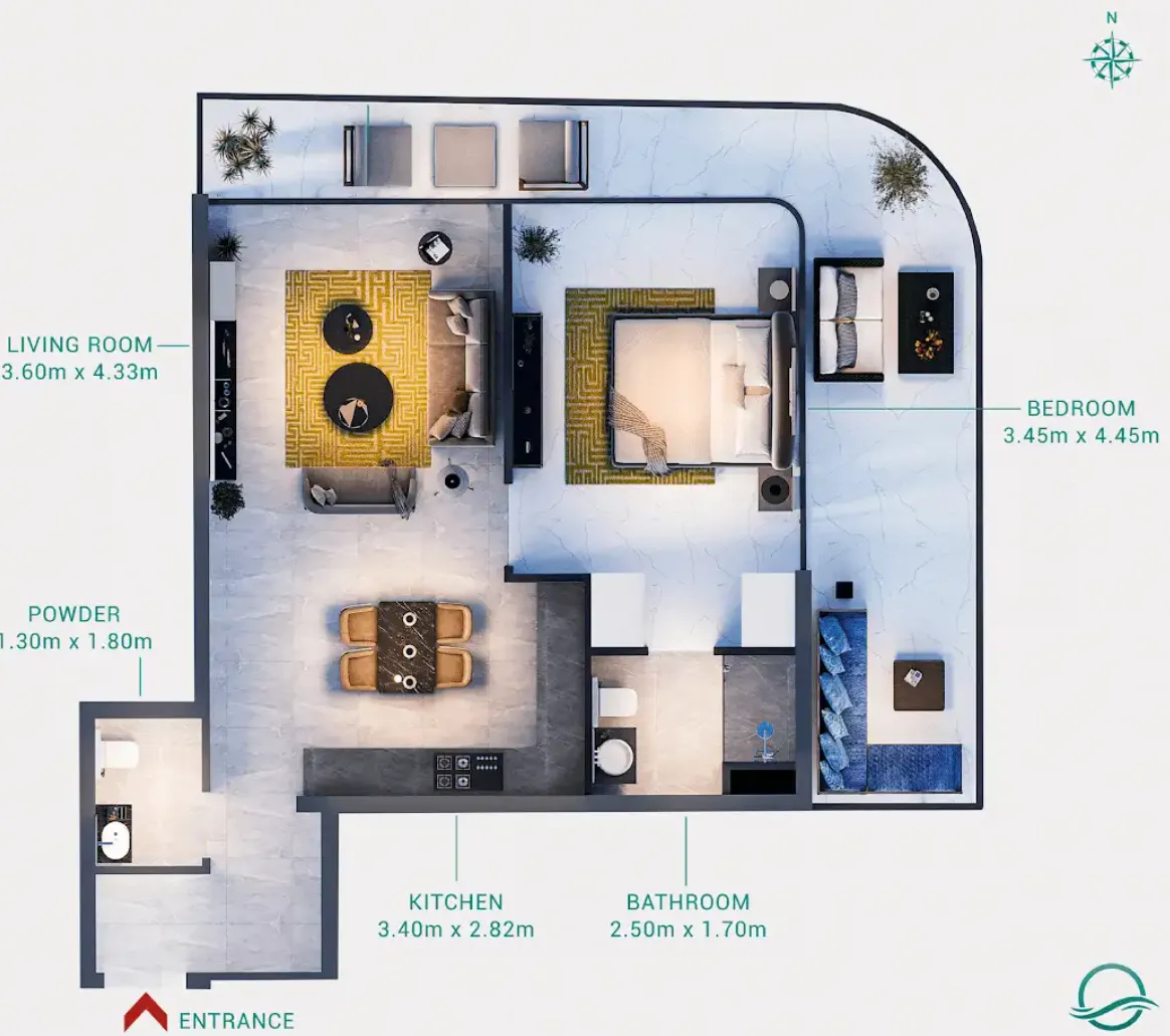 Milos 1 bed floor plan, 946 sqft