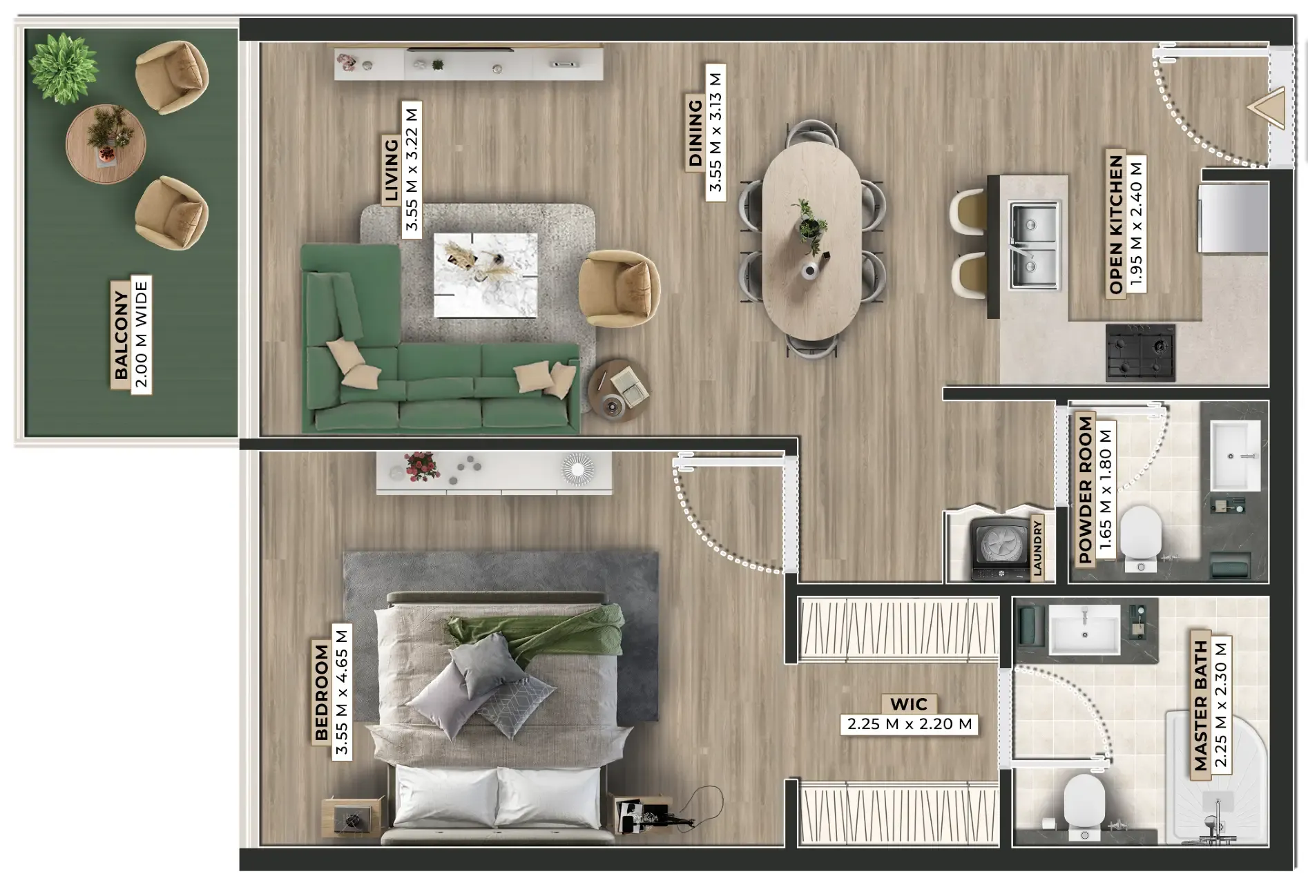 Firoza 1 bed floor plan, 838 sqft