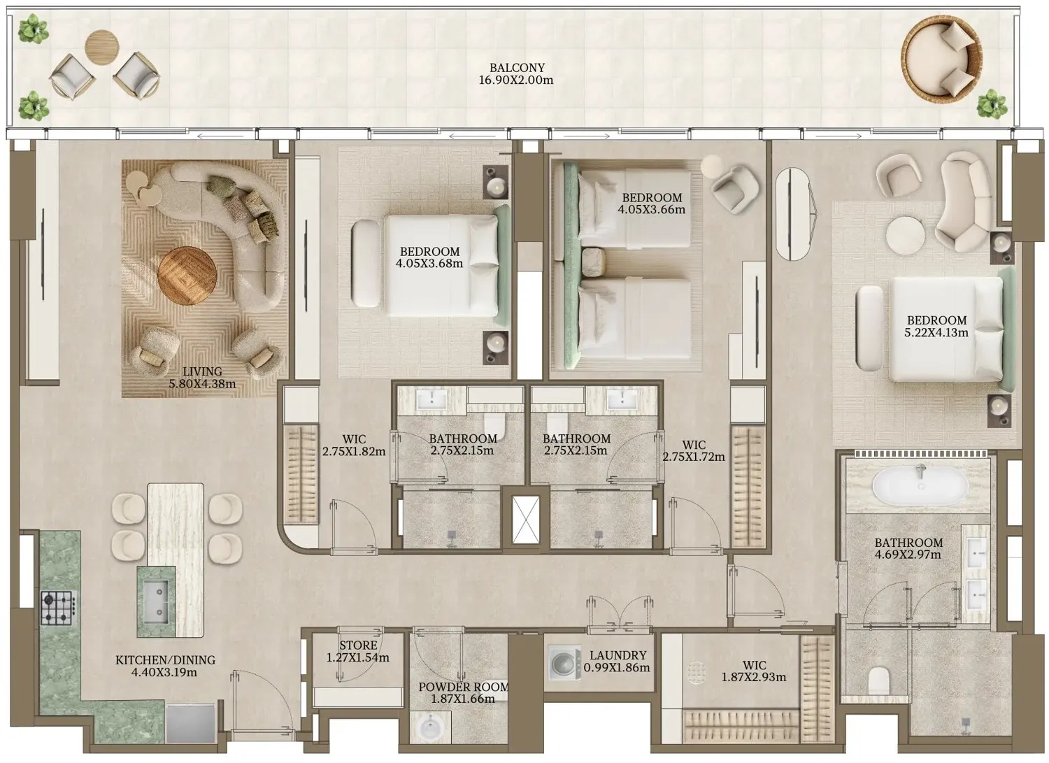 Nasim Al Bahr Residences 3 bed floor plan, 3,145 sqft