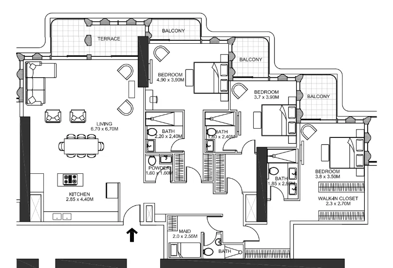 One B Tower 3 bed floor plan, 2,398 sqft