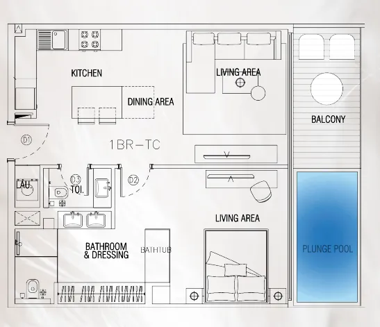 Sky Suites 1 bed floor plan, 830 sqft
