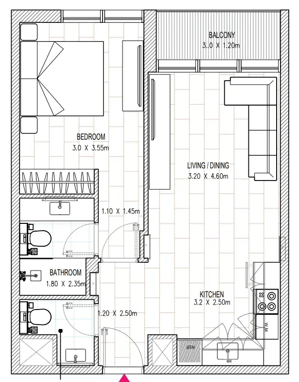 Al Mamsha Sharjah 1 bed floor plan, 593 sqft