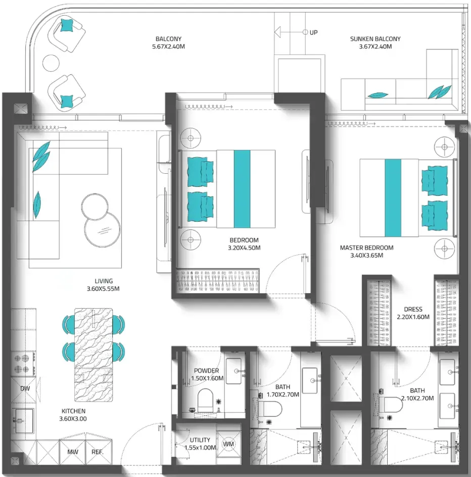 Reef 997 2 bed floor plan, 1,045 – 1,227 sqft