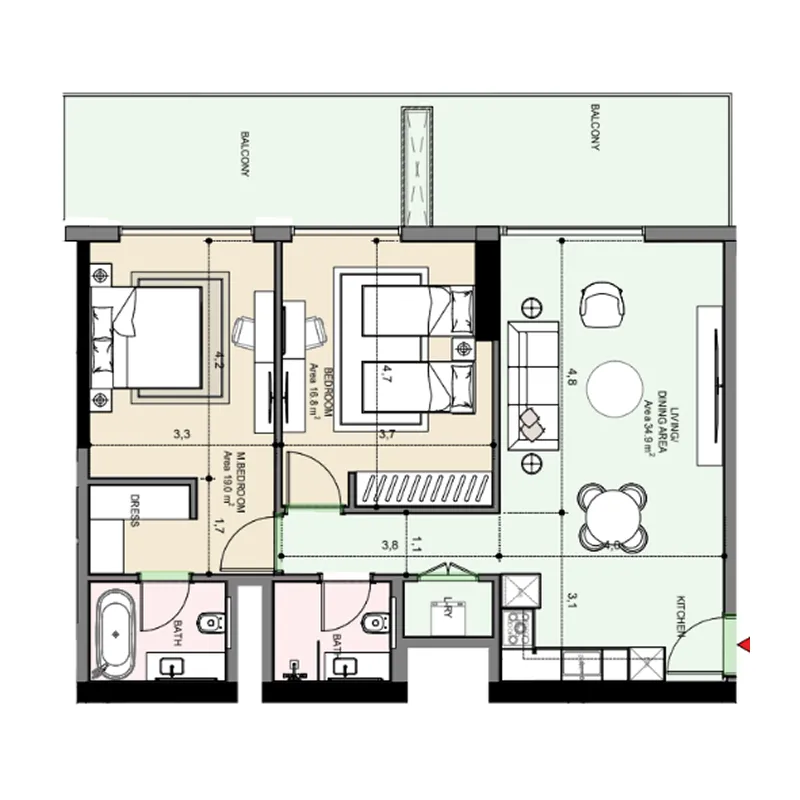 Edgewater Residences 1, 2 and 3 2 bed floor plan, 1,293 sqft