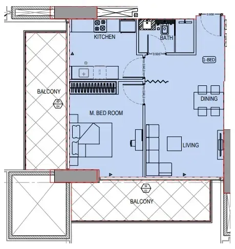 Binghatti Apex 1 bed floor plan, 905 sqft