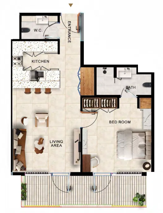 Kingdom Gate 1 bed floor plan, 833 sqft