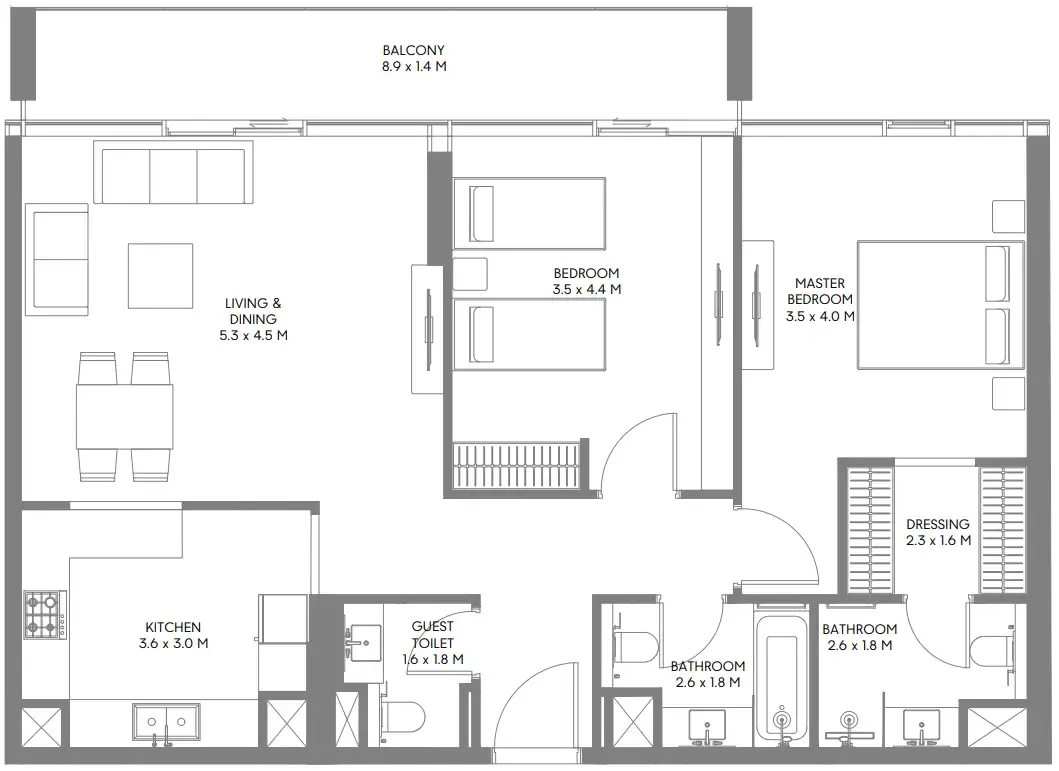 The Gate 5 2 bed floor plan, 1,239 sqft
