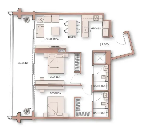 Binghatti Pinnacle 2 bed floor plan, 1,082 sqft