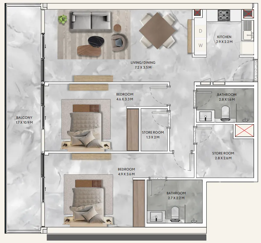 California Residences 2 bed floor plan, 1,361 sqft