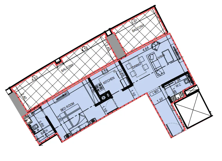 Binghatti Skyrise 1 bed floor plan, 1,022 sqft