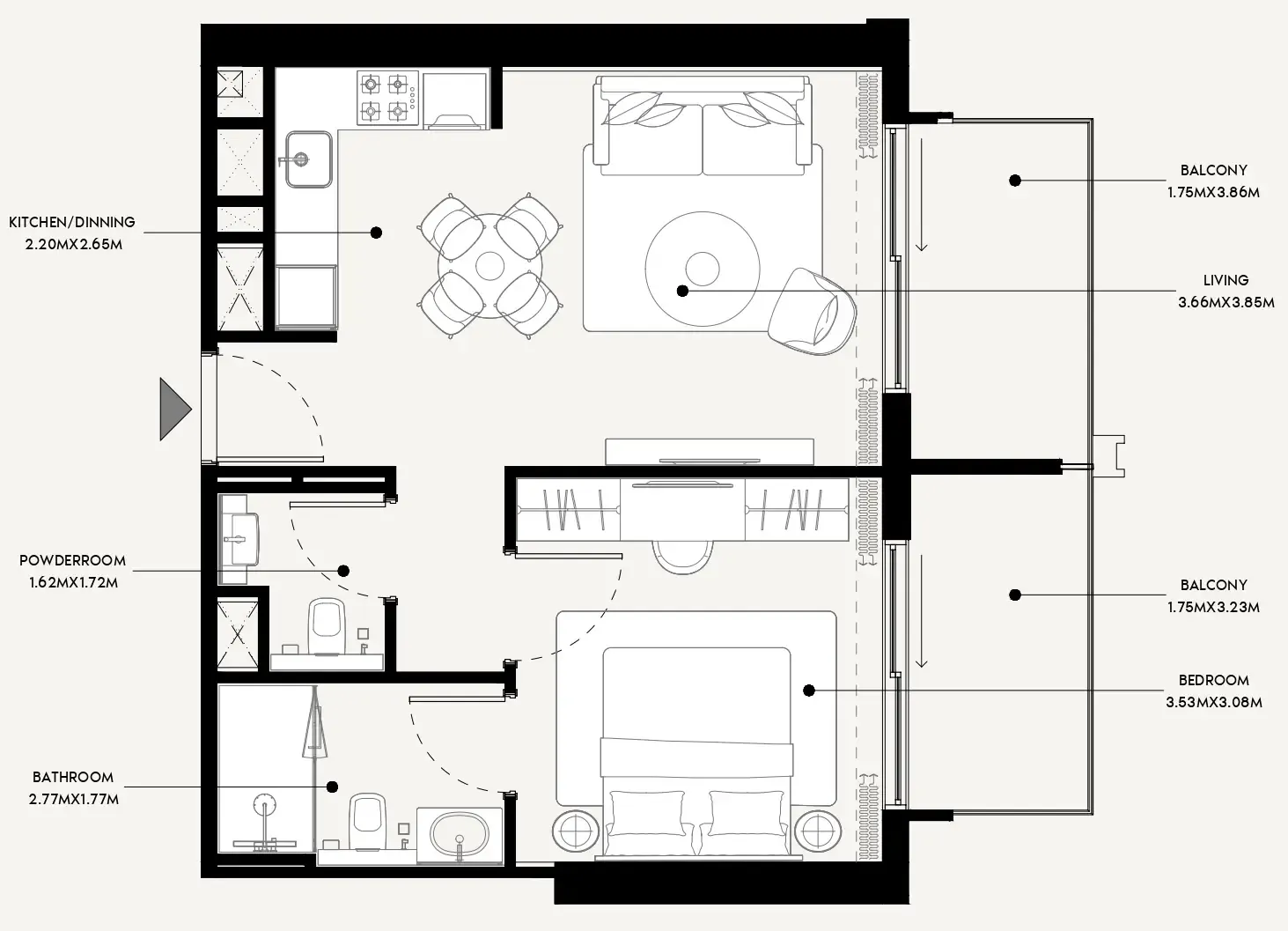 Azizi Venice 1 bed floor plan, 684 sqft
