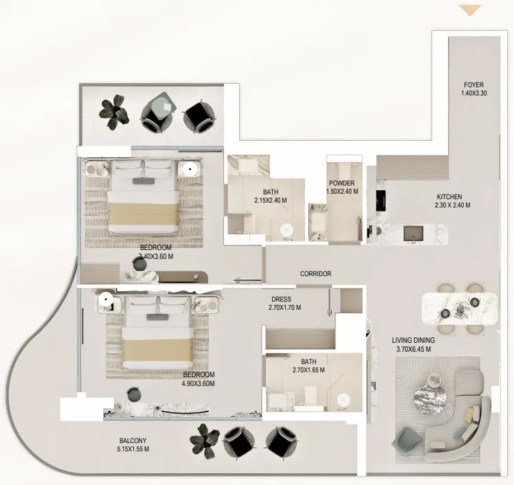 Rabdan Gardens 2 bed floor plan, 1,311 – 1,356 sqft