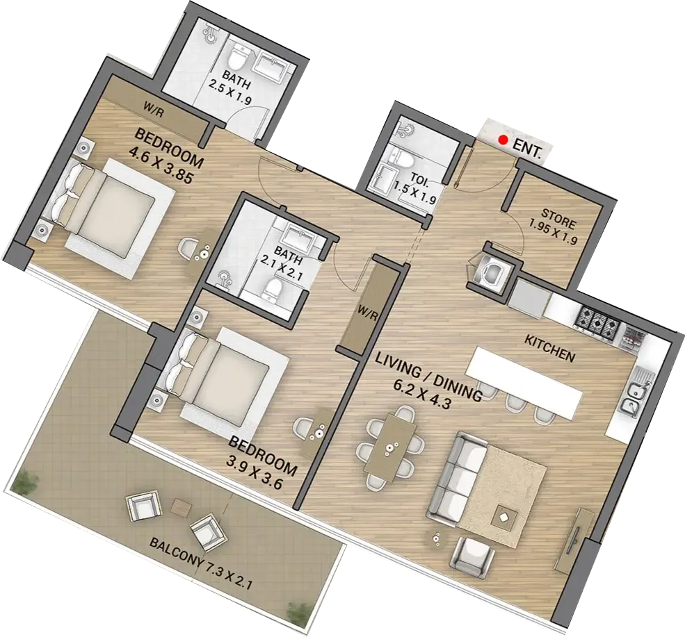 Ocean Tower 2 bed floor plan, 1,389 sqft