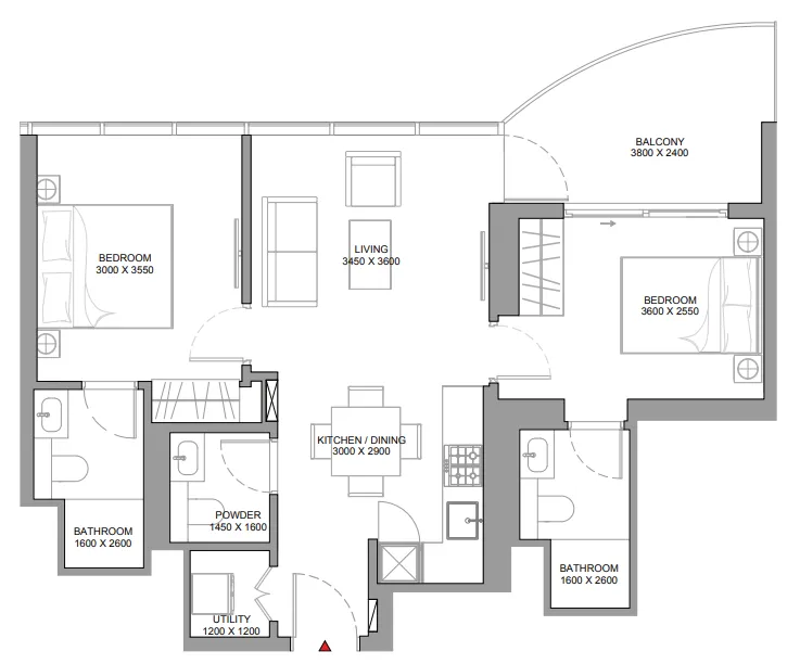 Sobha Aquamont 2 bed floor plan, 795 sqft