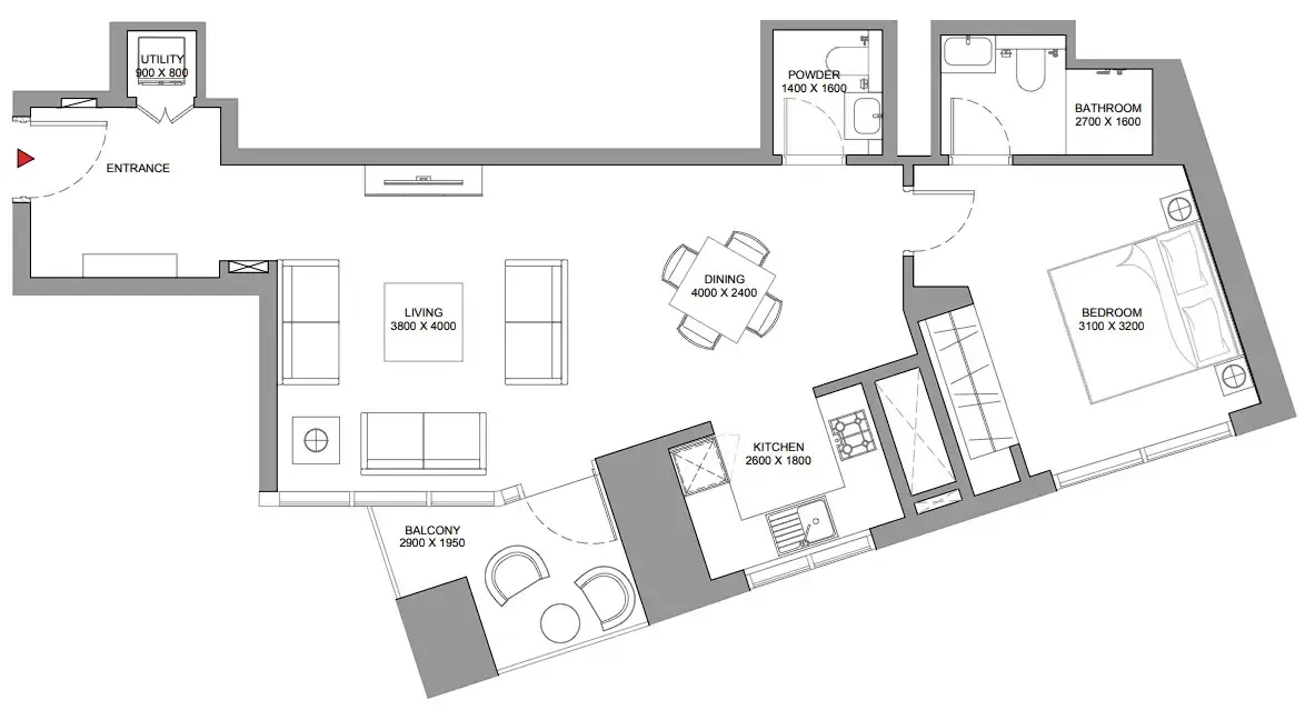 Skyscape 1 bed floor plan, 846 sqft