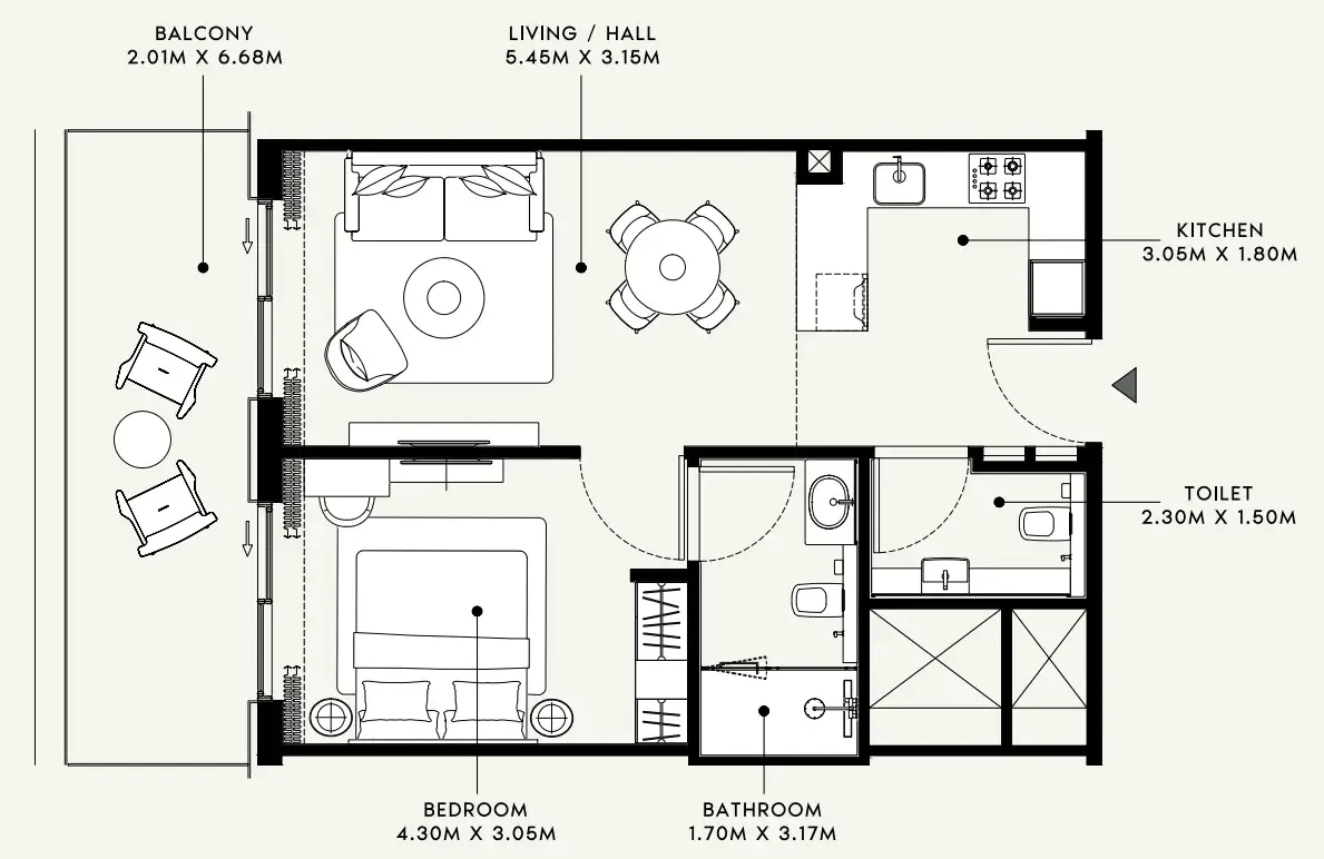 Azizi Venice 1 bed floor plan, 738 sqft